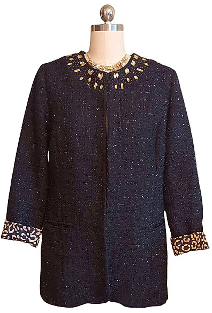 NEW WITHOUT TAG - CHICO'S SPARKLY BLACK TWEED "JEWEL" AND BEADED JACKET LEOPARD LINING