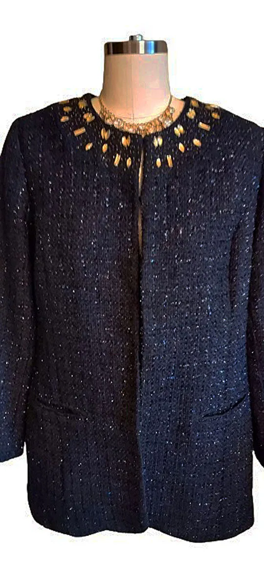 NEW WITHOUT TAG - CHICO'S SPARKLY BLACK TWEED "JEWEL" AND BEADED JACKET LEOPARD LINING