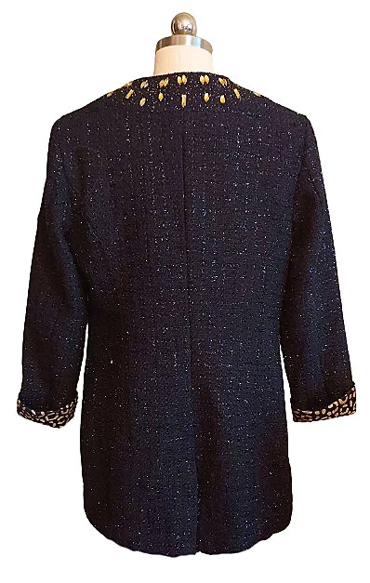 NEW WITHOUT TAG - CHICO'S SPARKLY BLACK TWEED "JEWEL" AND BEADED JACKET LEOPARD LINING