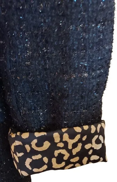 NEW WITHOUT TAG - CHICO'S SPARKLY BLACK TWEED "JEWEL" AND BEADED JACKET LEOPARD LINING