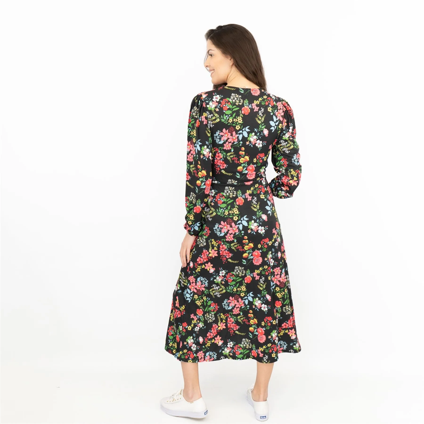 Oasis Slinky Black Jersey Floral Long Sleeve Split Midi Dress