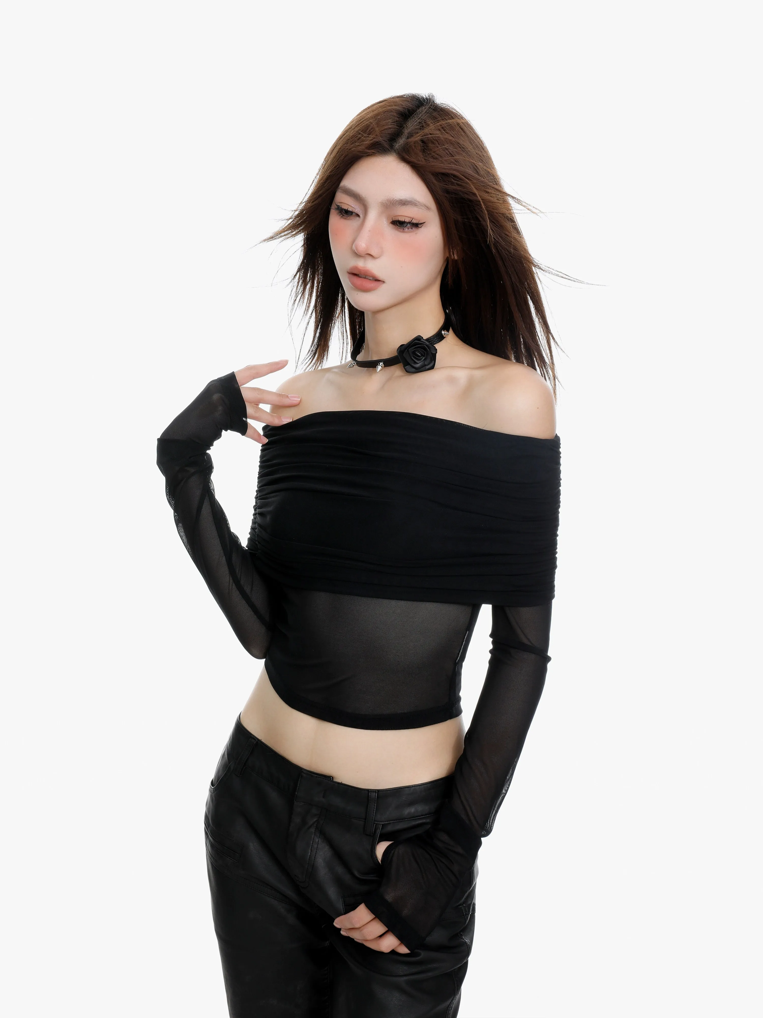 Off-Shoulder Layered Sheer Sleeve Crop Top