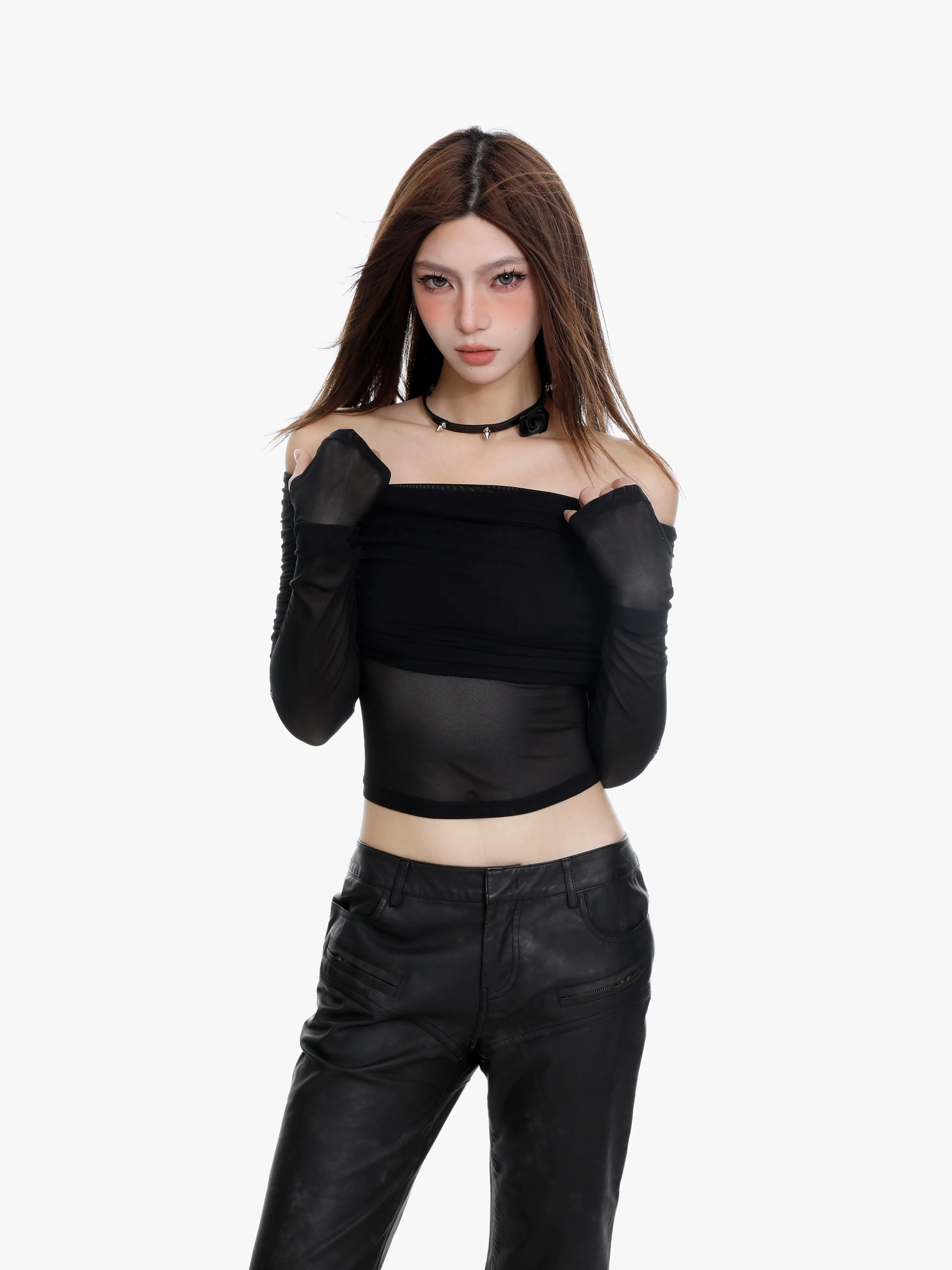 Off-Shoulder Layered Sheer Sleeve Crop Top