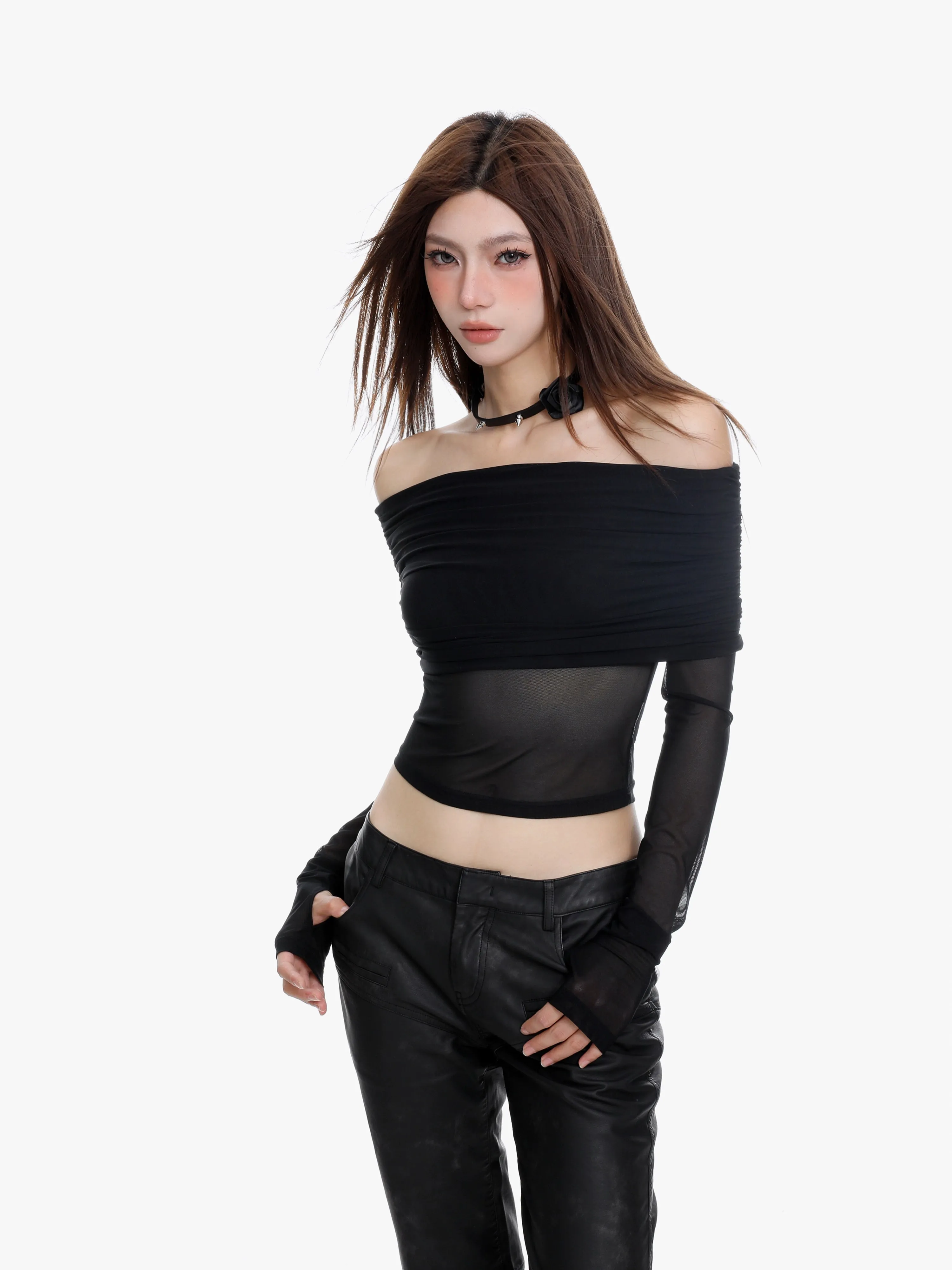 Off-Shoulder Layered Sheer Sleeve Crop Top