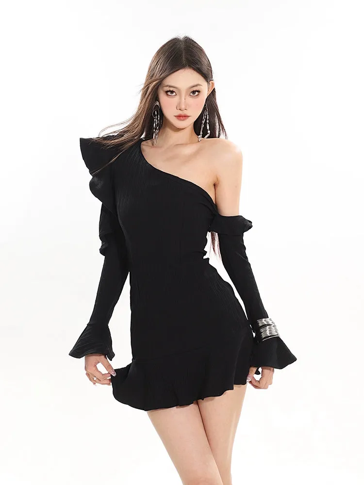 One-Shoulder Ruffled Hem Bodycon Dress