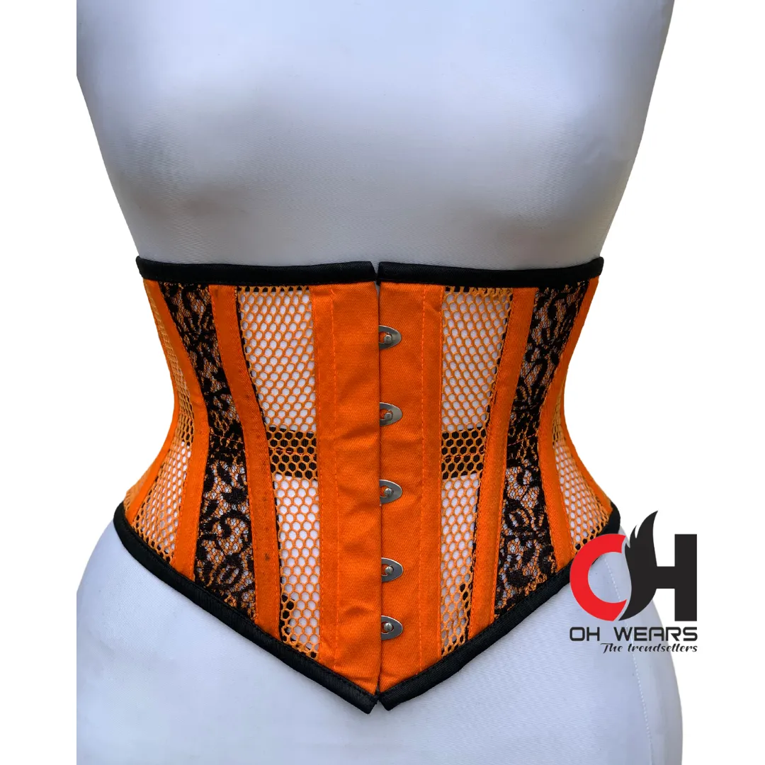 Orange Cotton Mesh Underbust Corset with Black Brocade Steel Boned