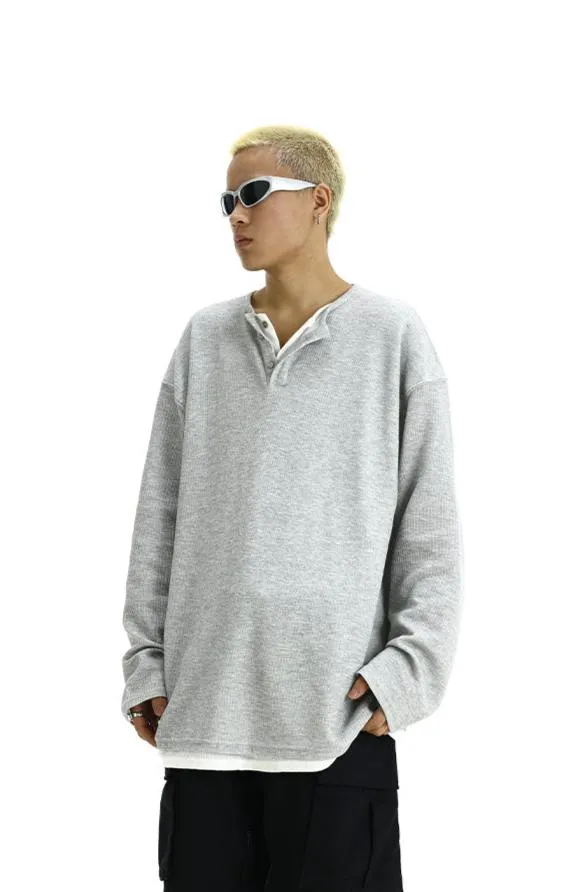 Oversized Henley Pullover Mock-Layered Long Sleeve Tee