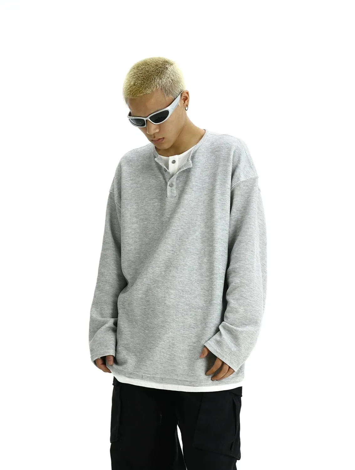 Oversized Henley Pullover Mock-Layered Long Sleeve Tee