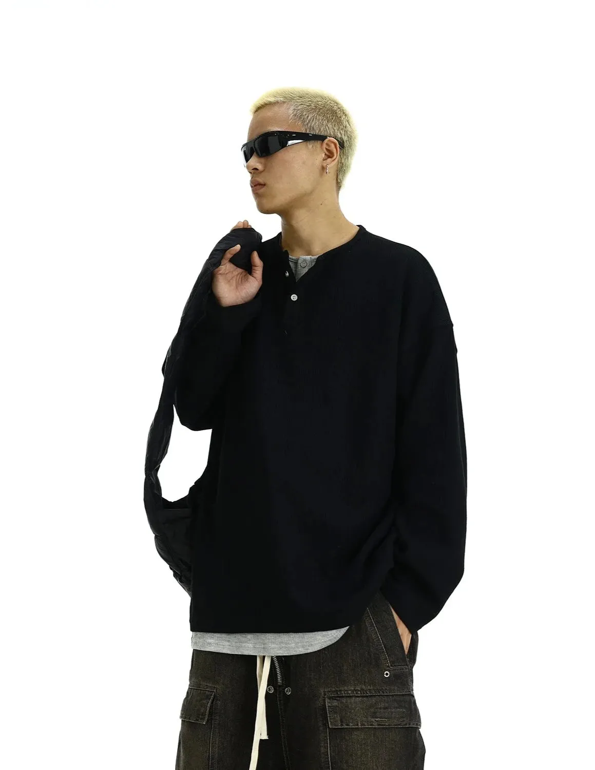 Oversized Henley Pullover Mock-Layered Long Sleeve Tee