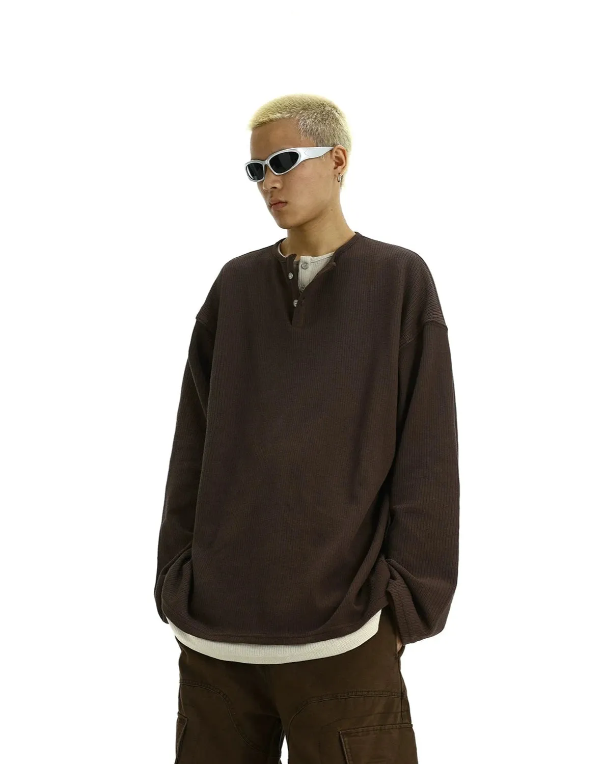 Oversized Henley Pullover Mock-Layered Long Sleeve Tee