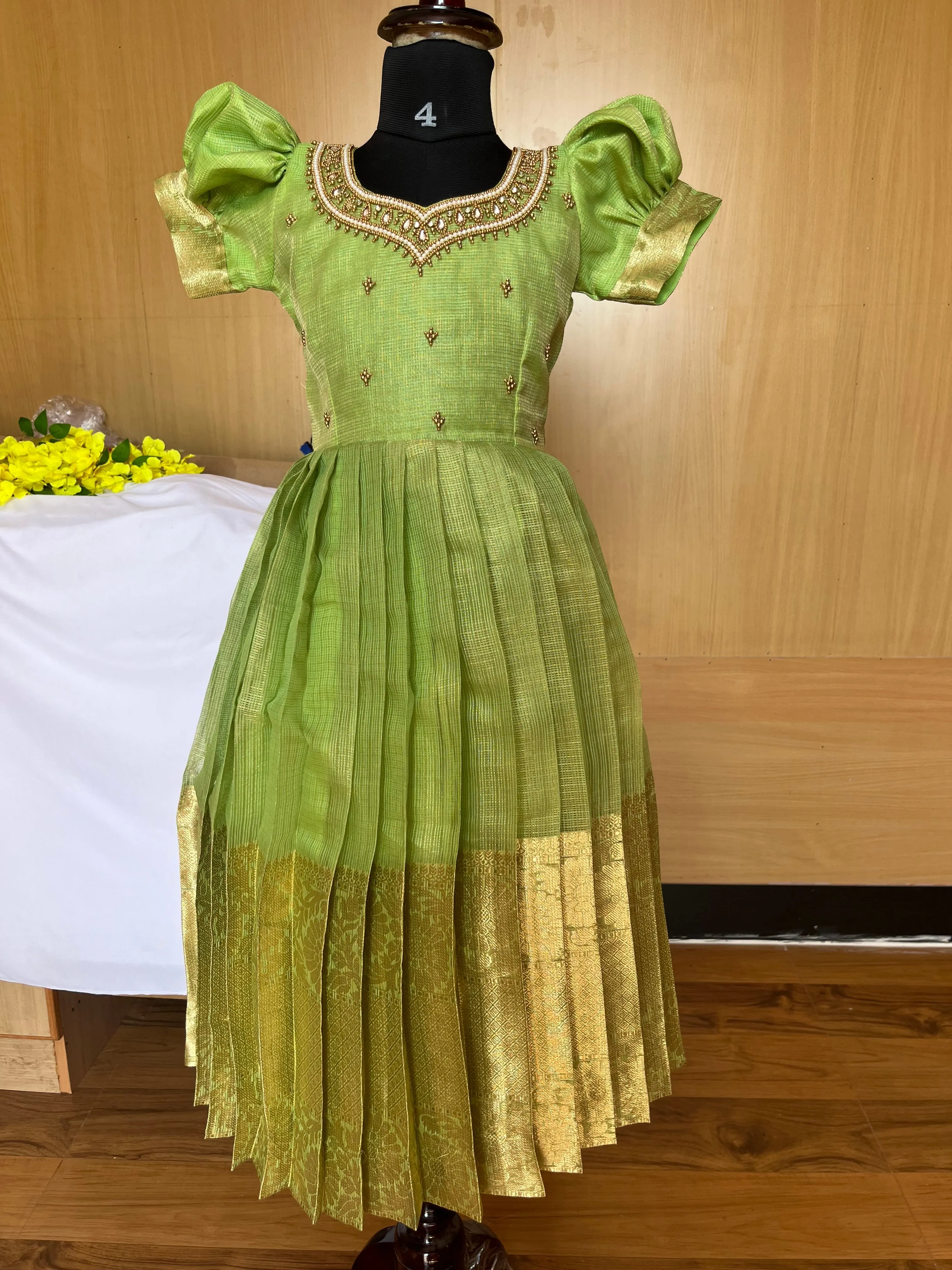 PRE ORDER : Elegant Green Tissue Silk Lehenga with Puff Sleeves