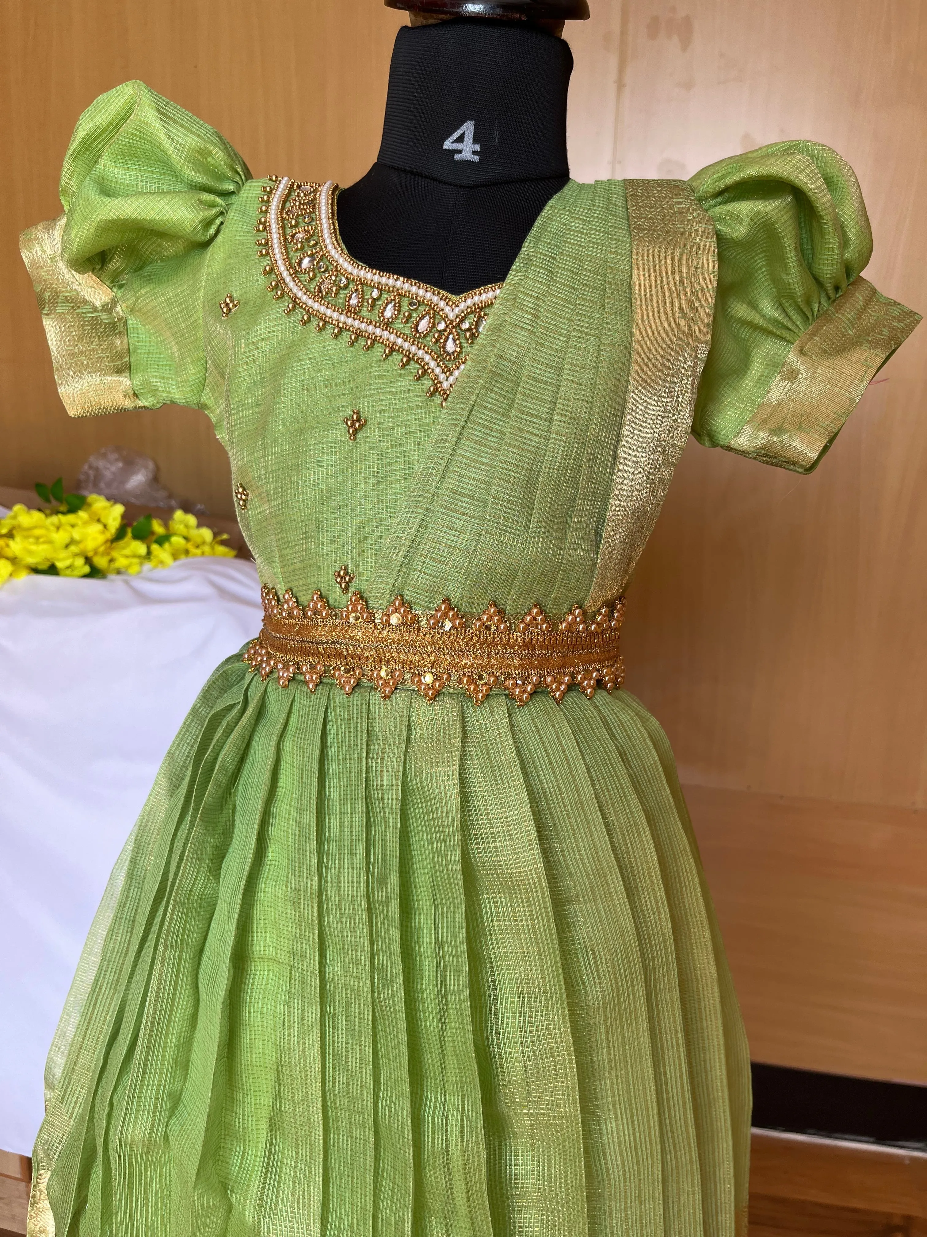 PRE ORDER : Elegant Green Tissue Silk Lehenga with Puff Sleeves