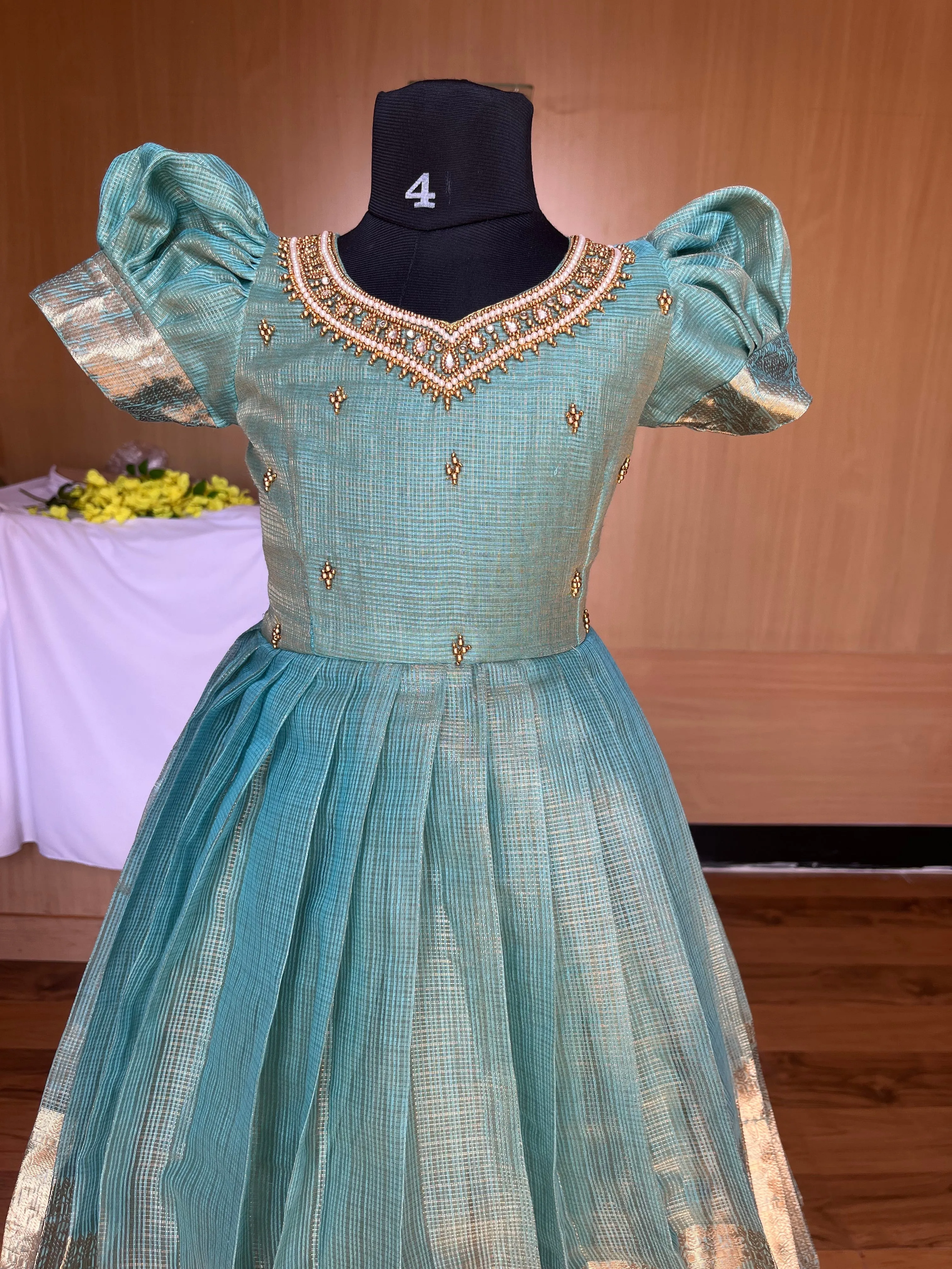 PRE ORDER : Ocean Blue Tissue Silk Lehenga with Puff Sleeves