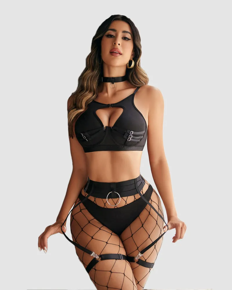 Push Up Bondaged 5 Piece Strappy Lingerie Set