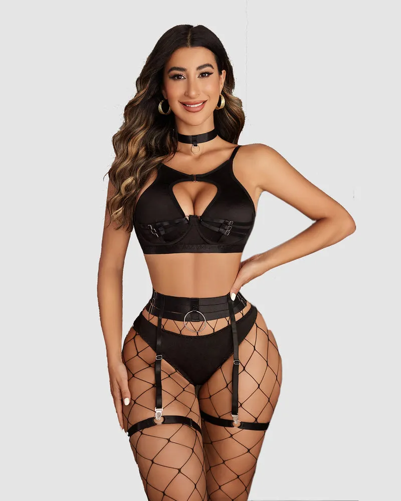 Push Up Bondaged 5 Piece Strappy Lingerie Set