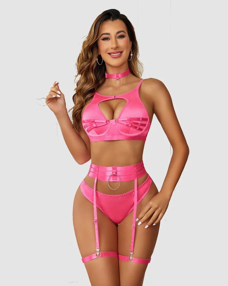 Push Up Bondaged 5 Piece Strappy Lingerie Set