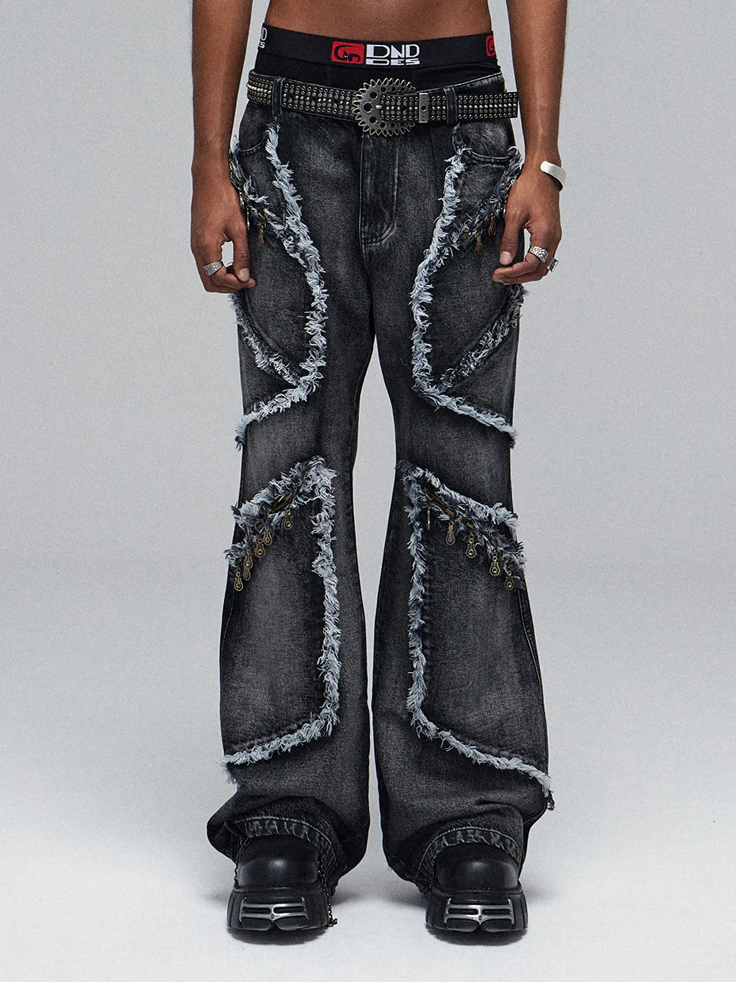 Retro Multi-Pull Washed Distressed Tassel Jeans - 2097