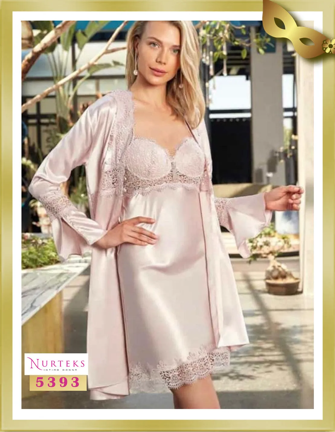 Satin with Lace Lingerie Nightgown with Robe Set 5393