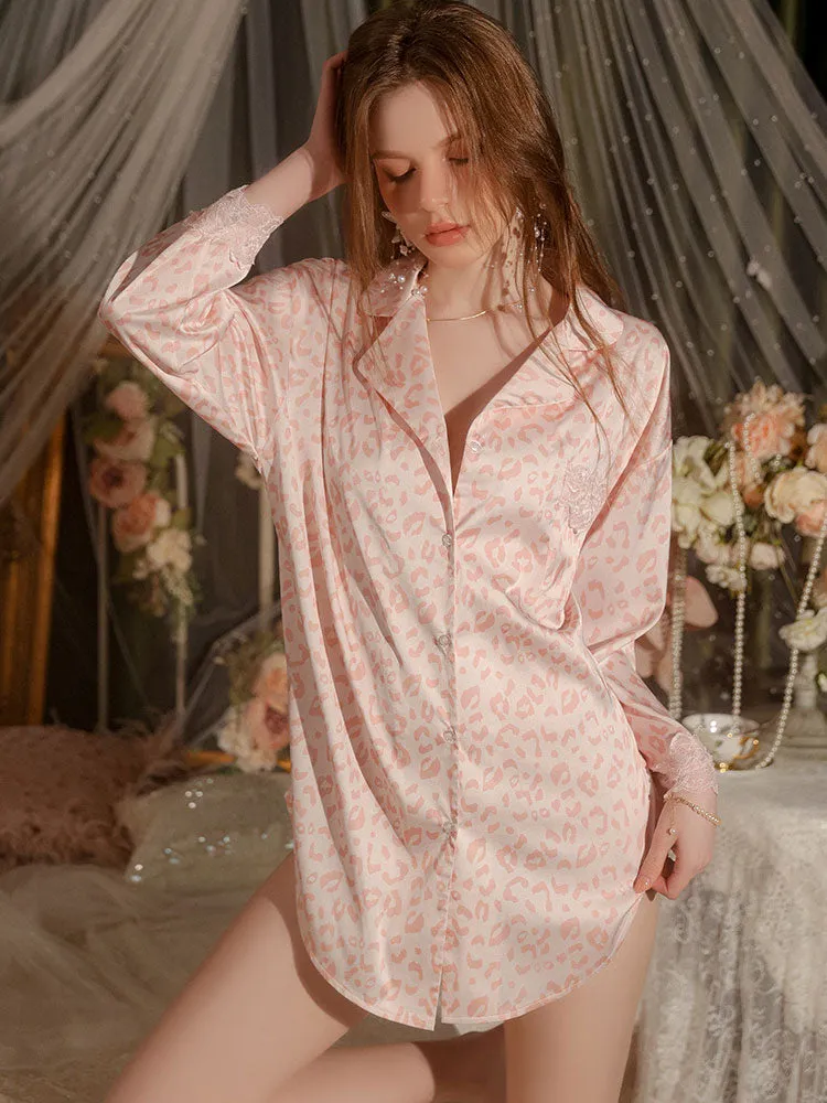 Sexy Deep-V Leopard Print Pink Nightshirt