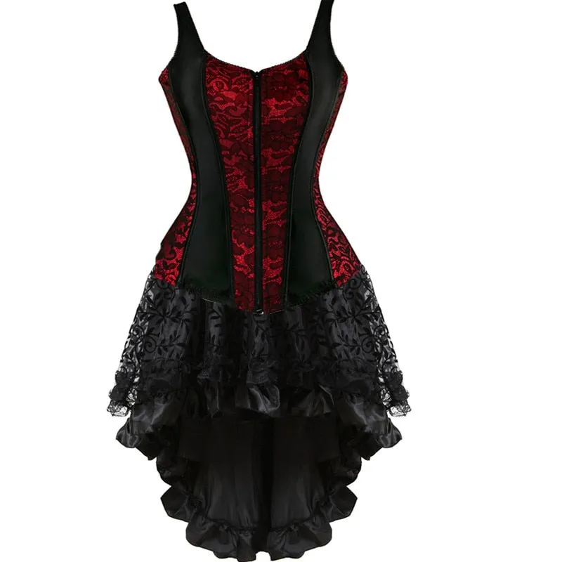 Sexy Zipper Shoulder Straps Overbust Corset Bustier Corset Dress Skirt Flower