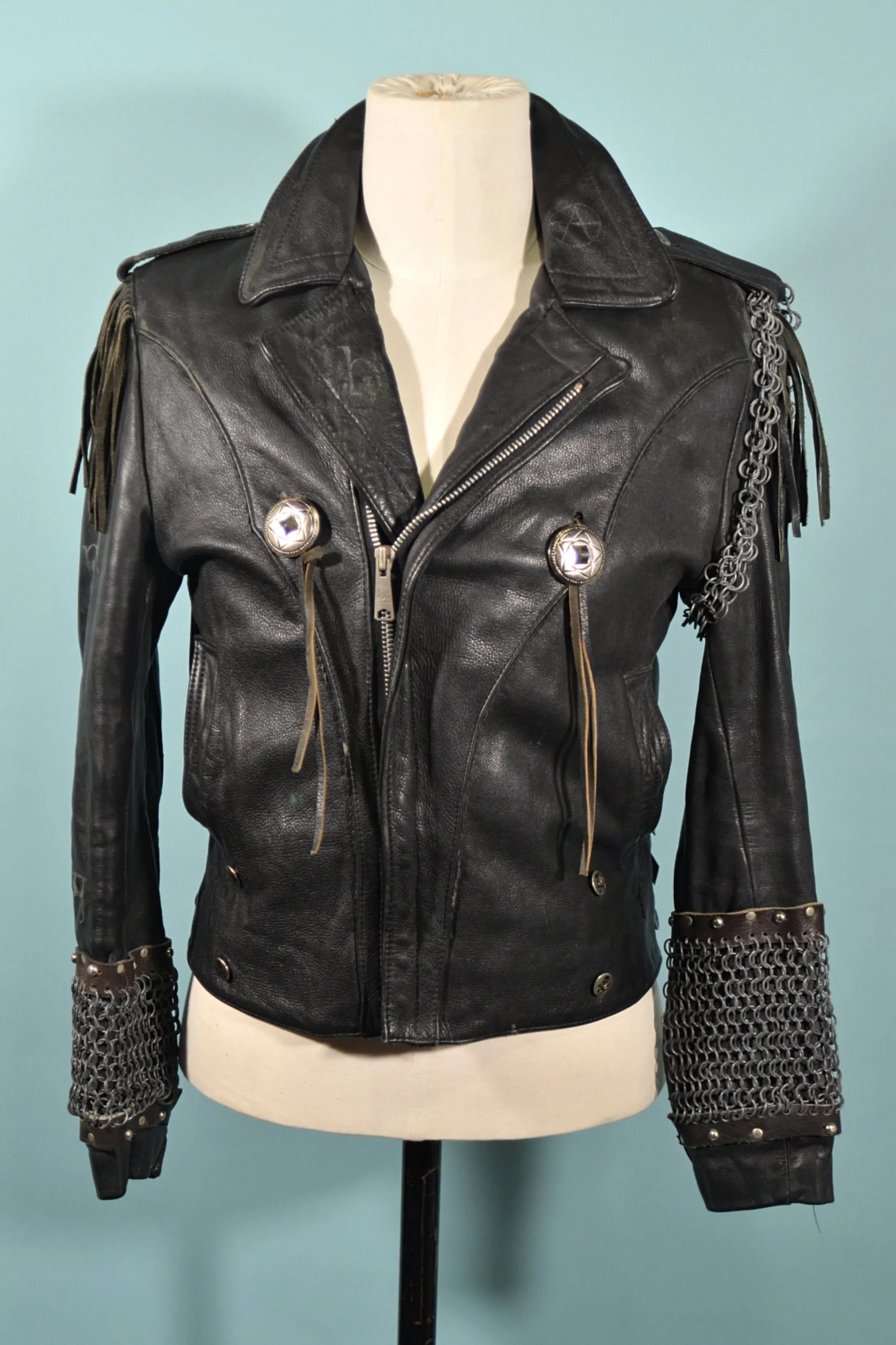 SOLD Vintage Black Leather Punk Motorcycle Jacket, OOAK Studs, Chainmaille SZ 40