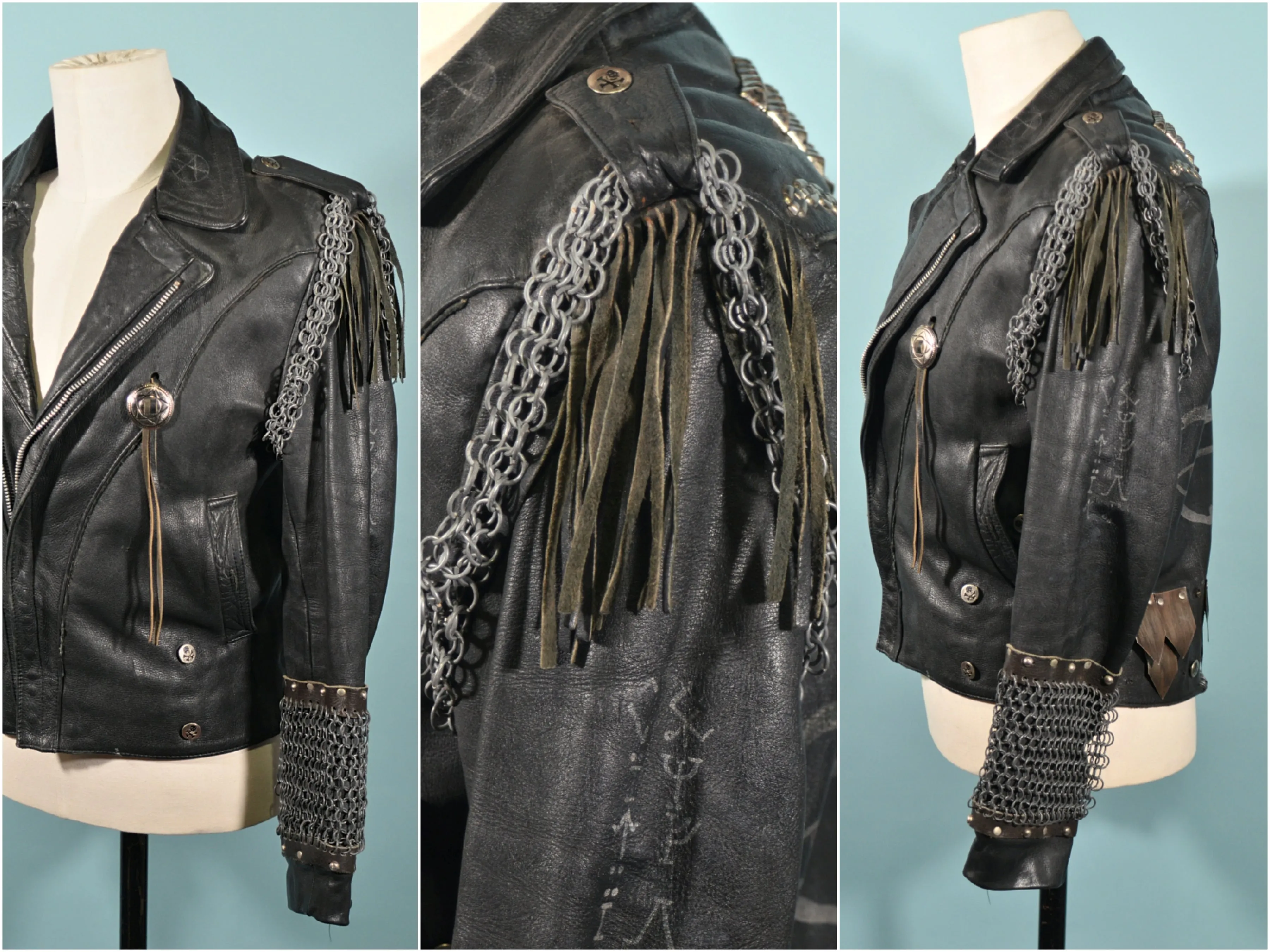 SOLD Vintage Black Leather Punk Motorcycle Jacket, OOAK Studs, Chainmaille SZ 40