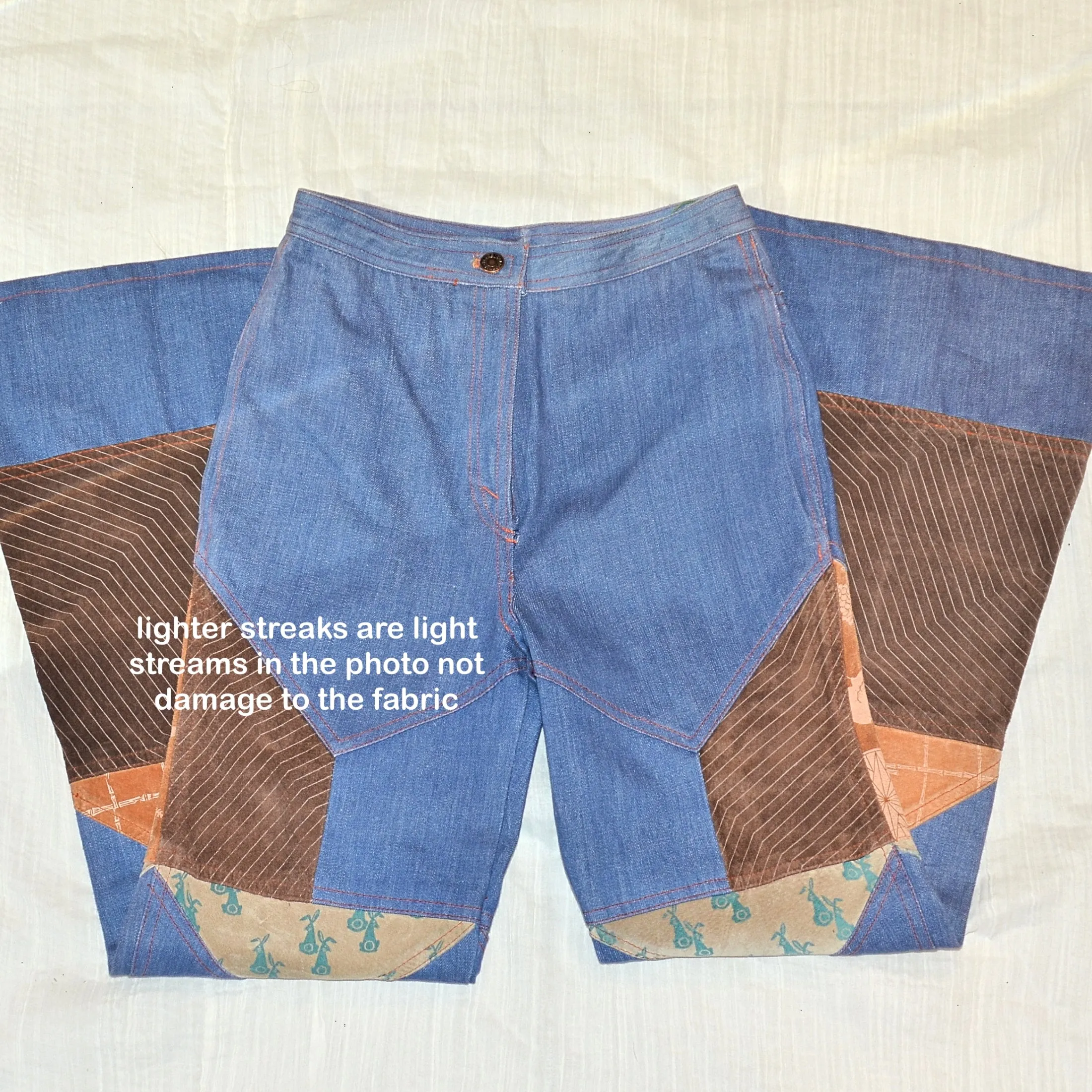 SOLD Vintage Patchwork Denim/Leather Jeans, Boho Penny Lane Bell Bottoms XS