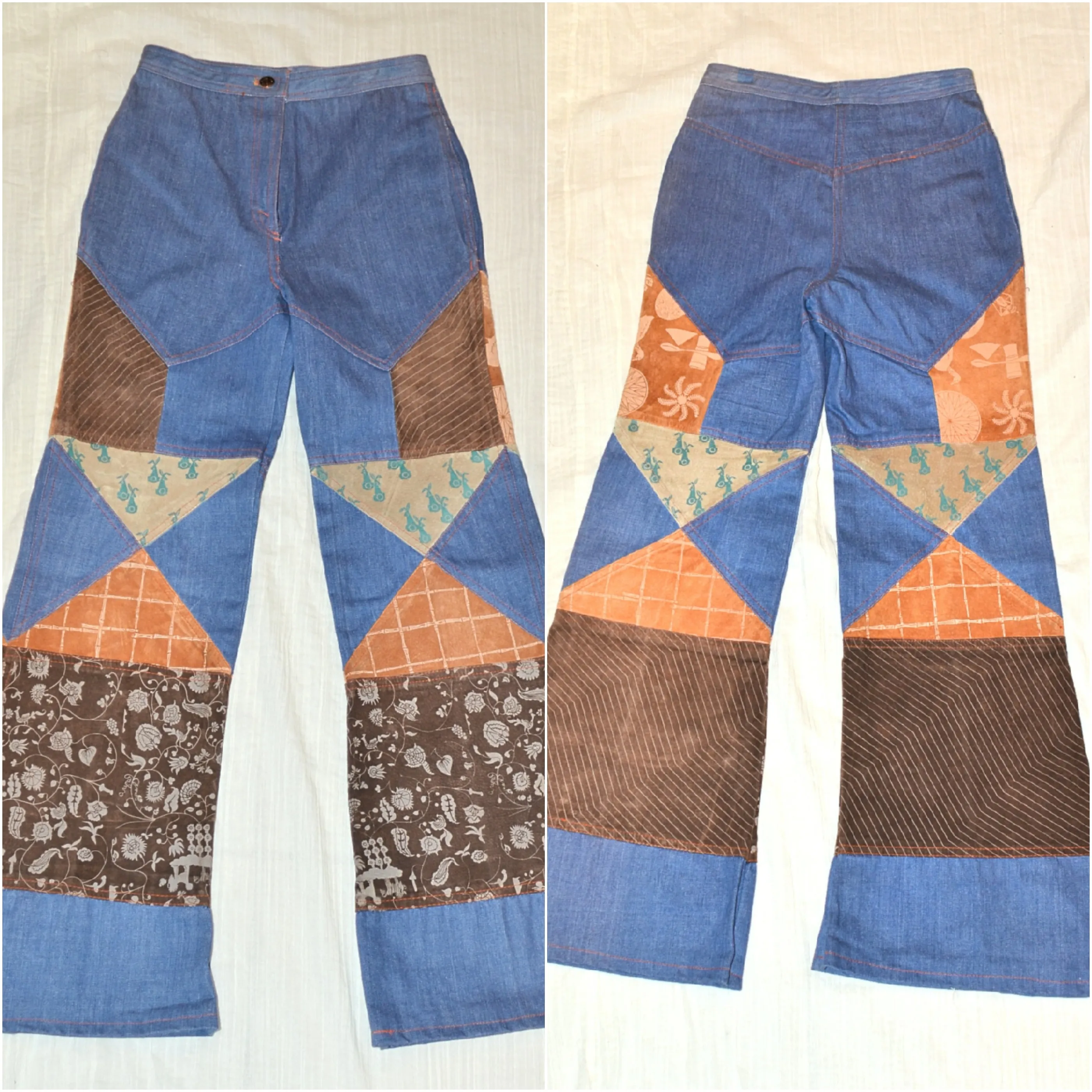 SOLD Vintage Patchwork Denim/Leather Jeans, Boho Penny Lane Bell Bottoms XS