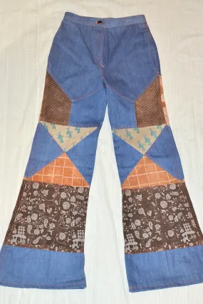 SOLD Vintage Patchwork Denim/Leather Jeans, Boho Penny Lane Bell Bottoms XS