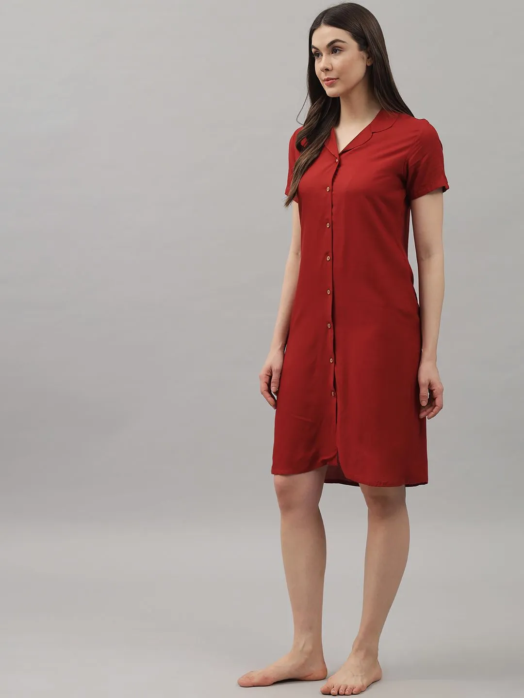 Solid Maroon Knee Length Rayon Sleep Shirt