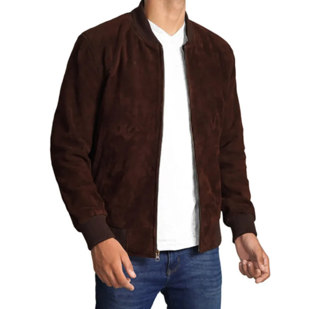 Stylozone Mens Dark Brown Suede Leather Bomber Jacket