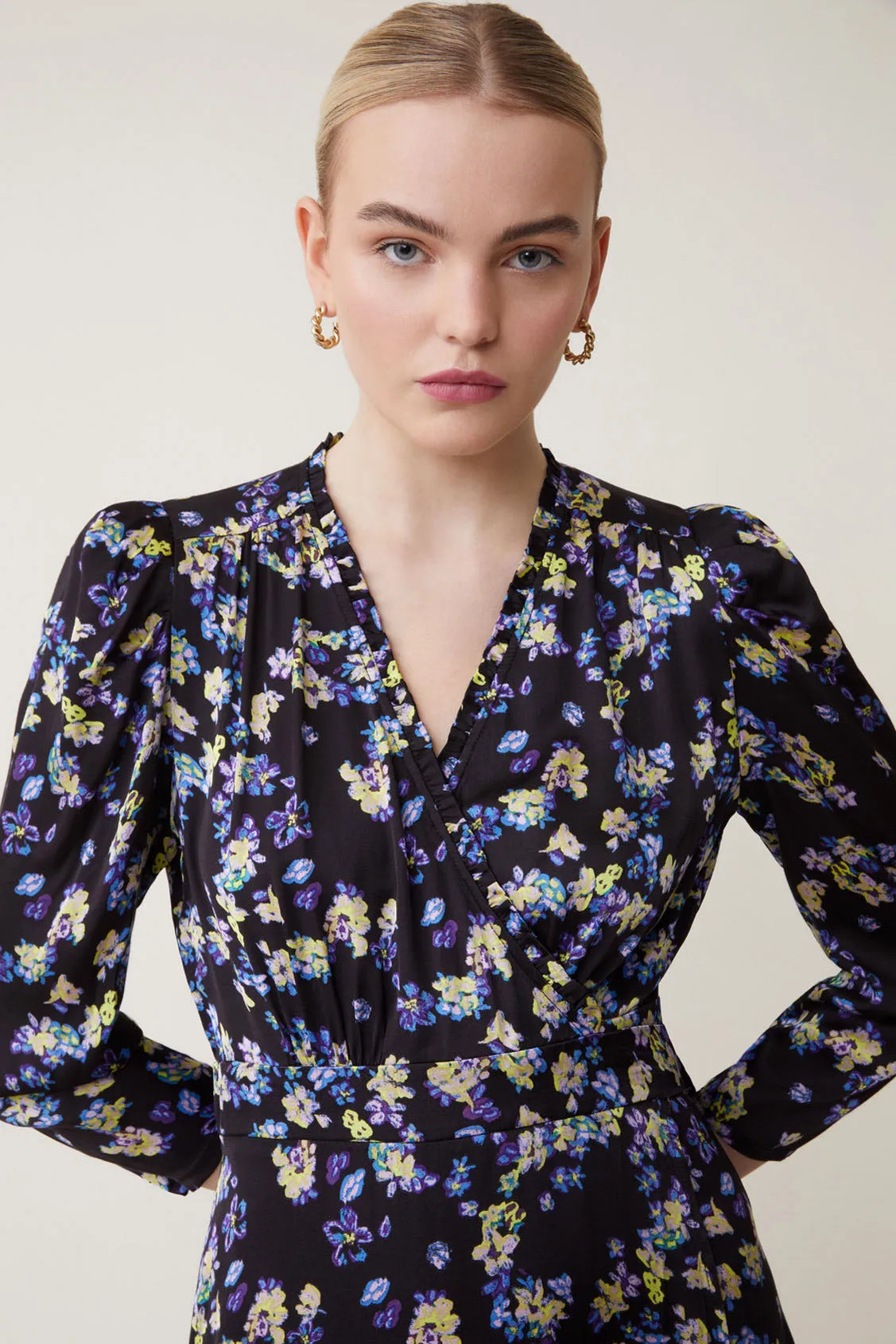 Suncoo Cipri Black/Purple Floral Print Midi Dress