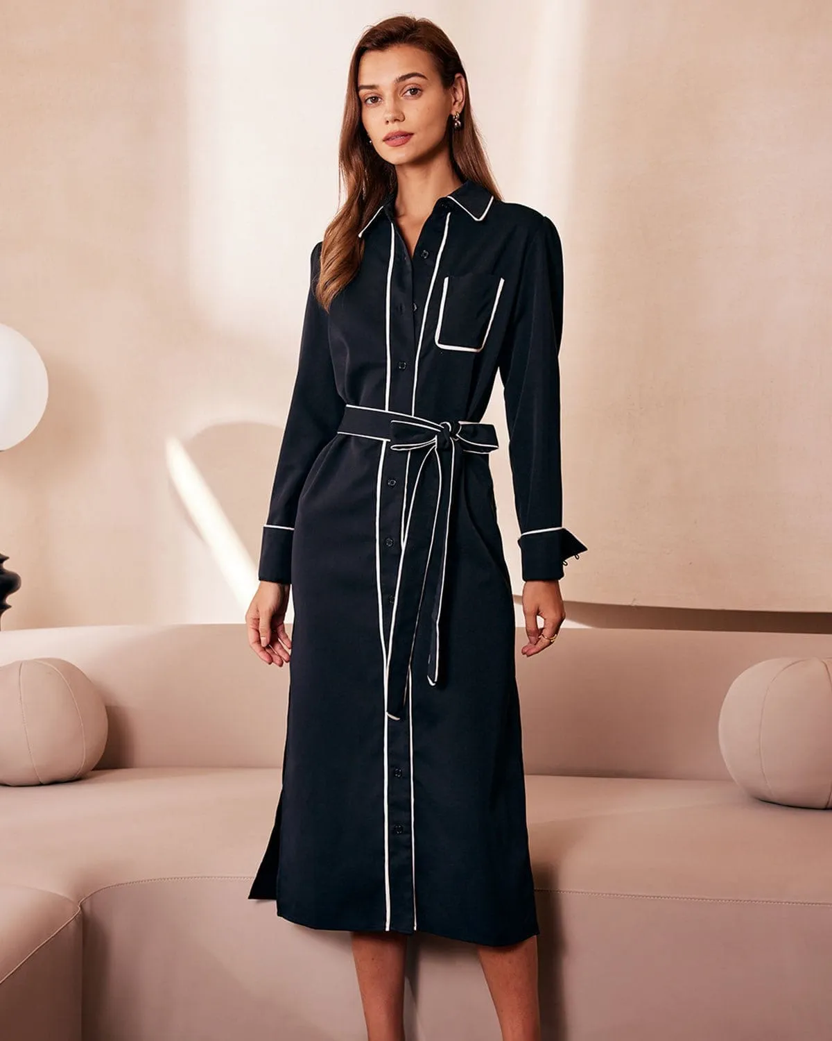 The Black Contrast Belted Shirt Midi Dress