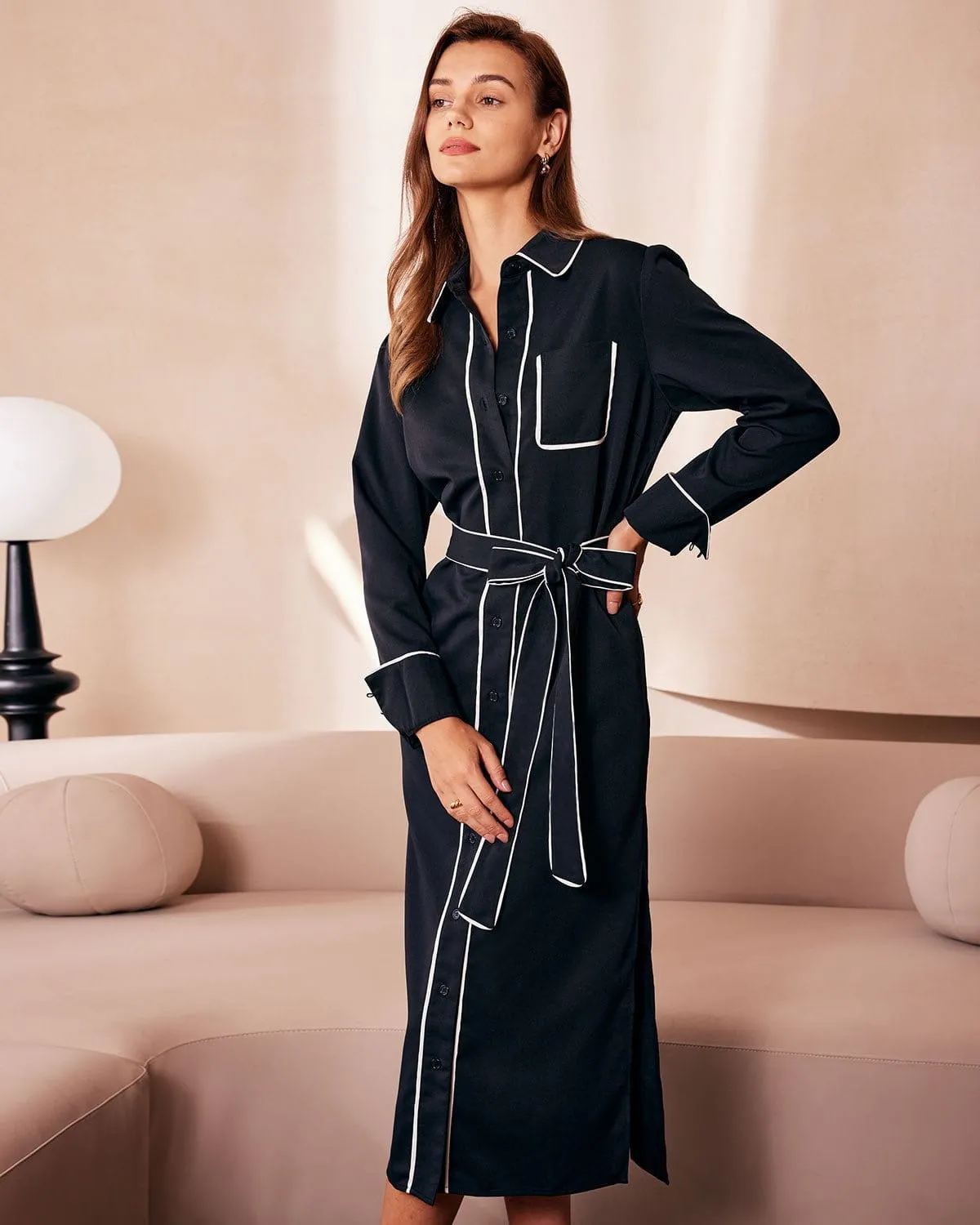 The Black Contrast Belted Shirt Midi Dress