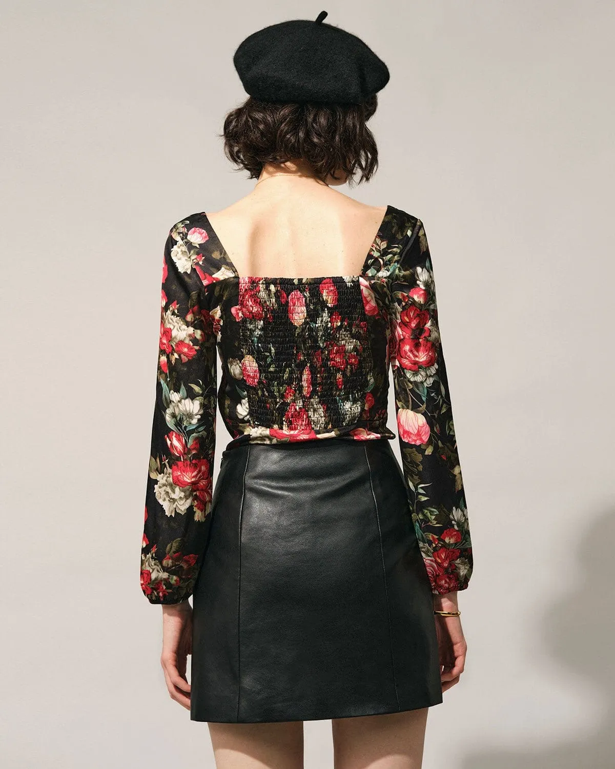 The Black Square Neck Floral Satin Blouse