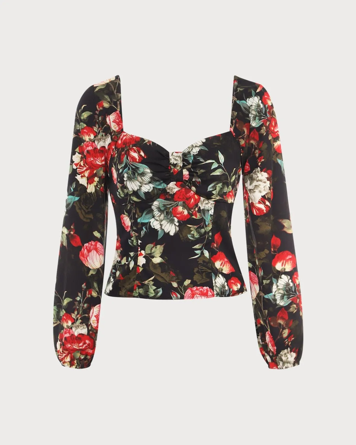 The Black Square Neck Floral Satin Blouse