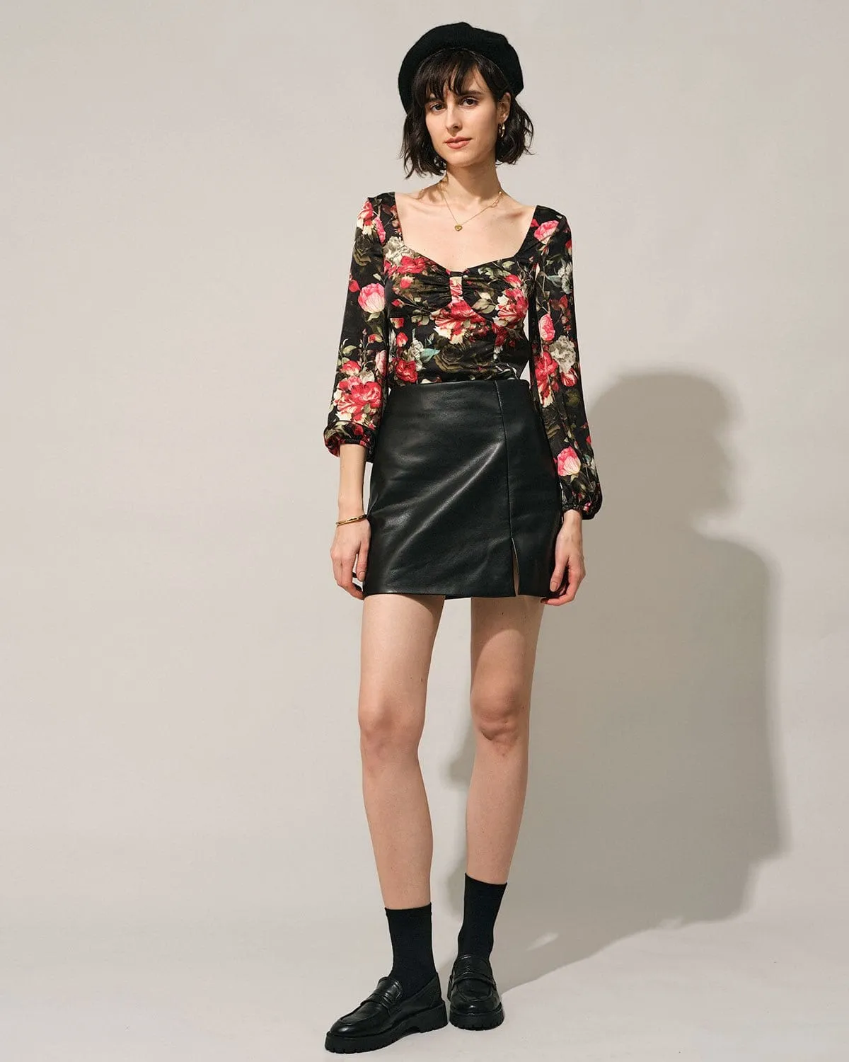 The Black Square Neck Floral Satin Blouse