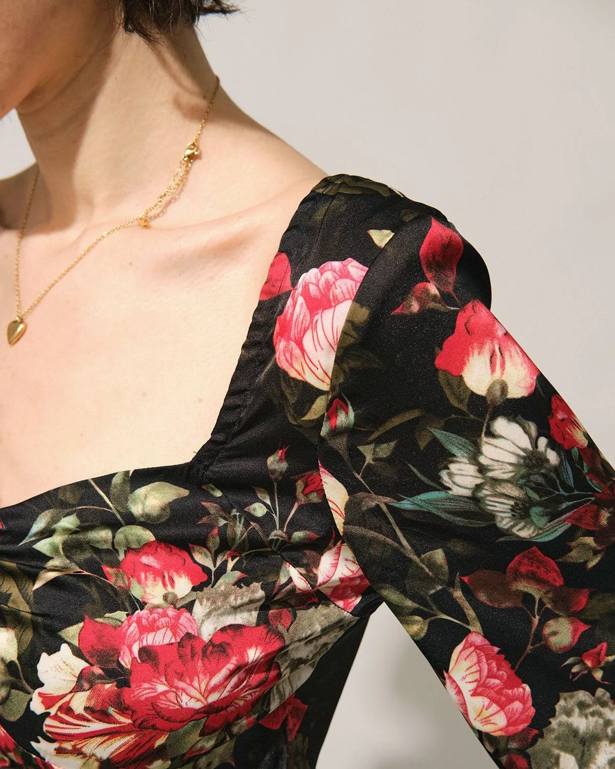 The Black Square Neck Floral Satin Blouse