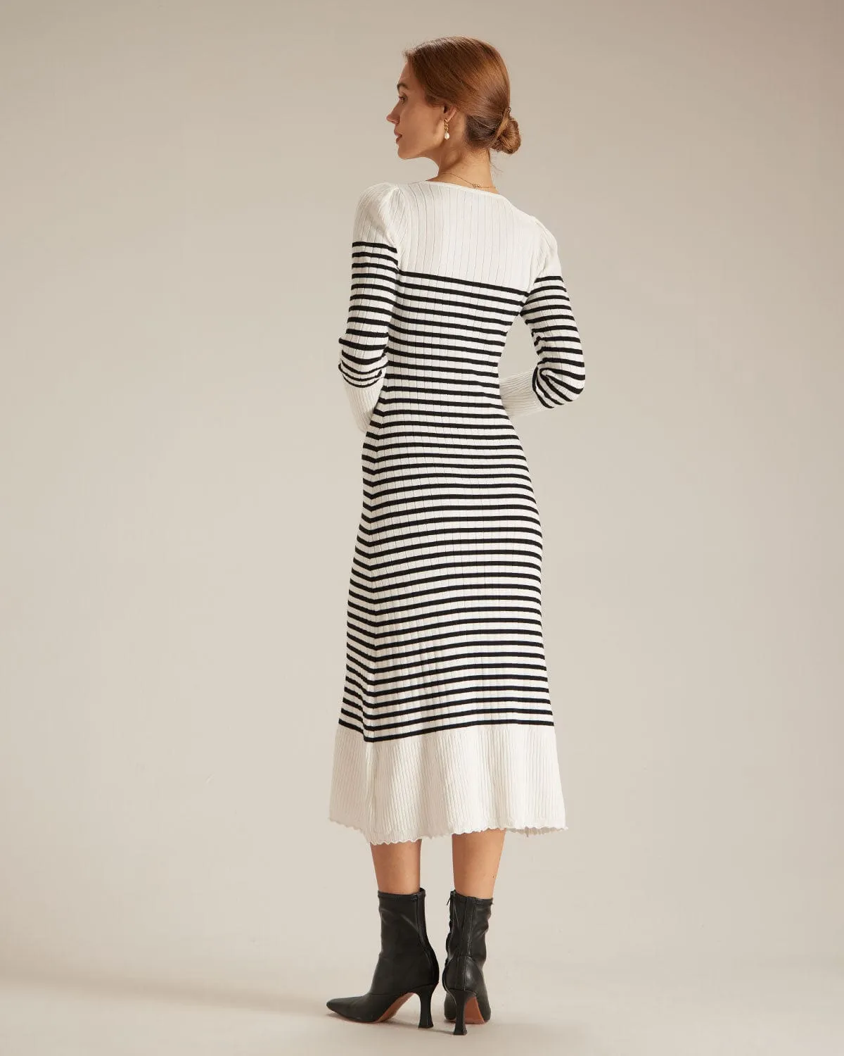 The Black Sweetheart Neck Striped Midi Dress