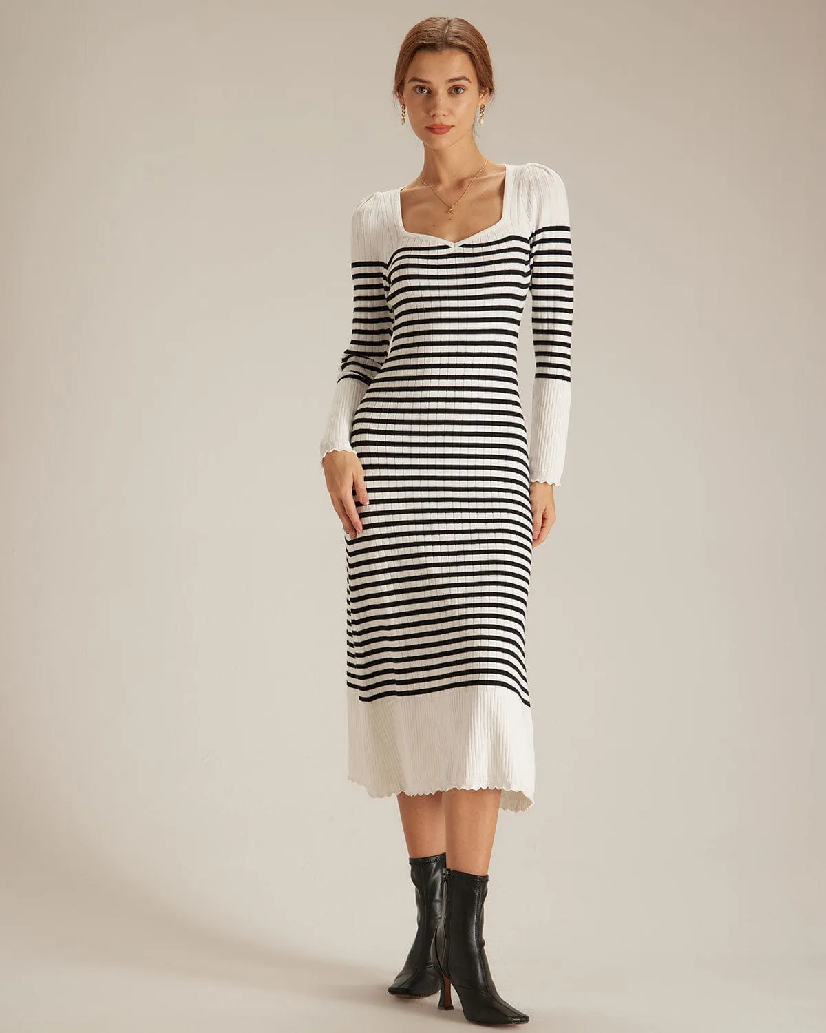 The Black Sweetheart Neck Striped Midi Dress