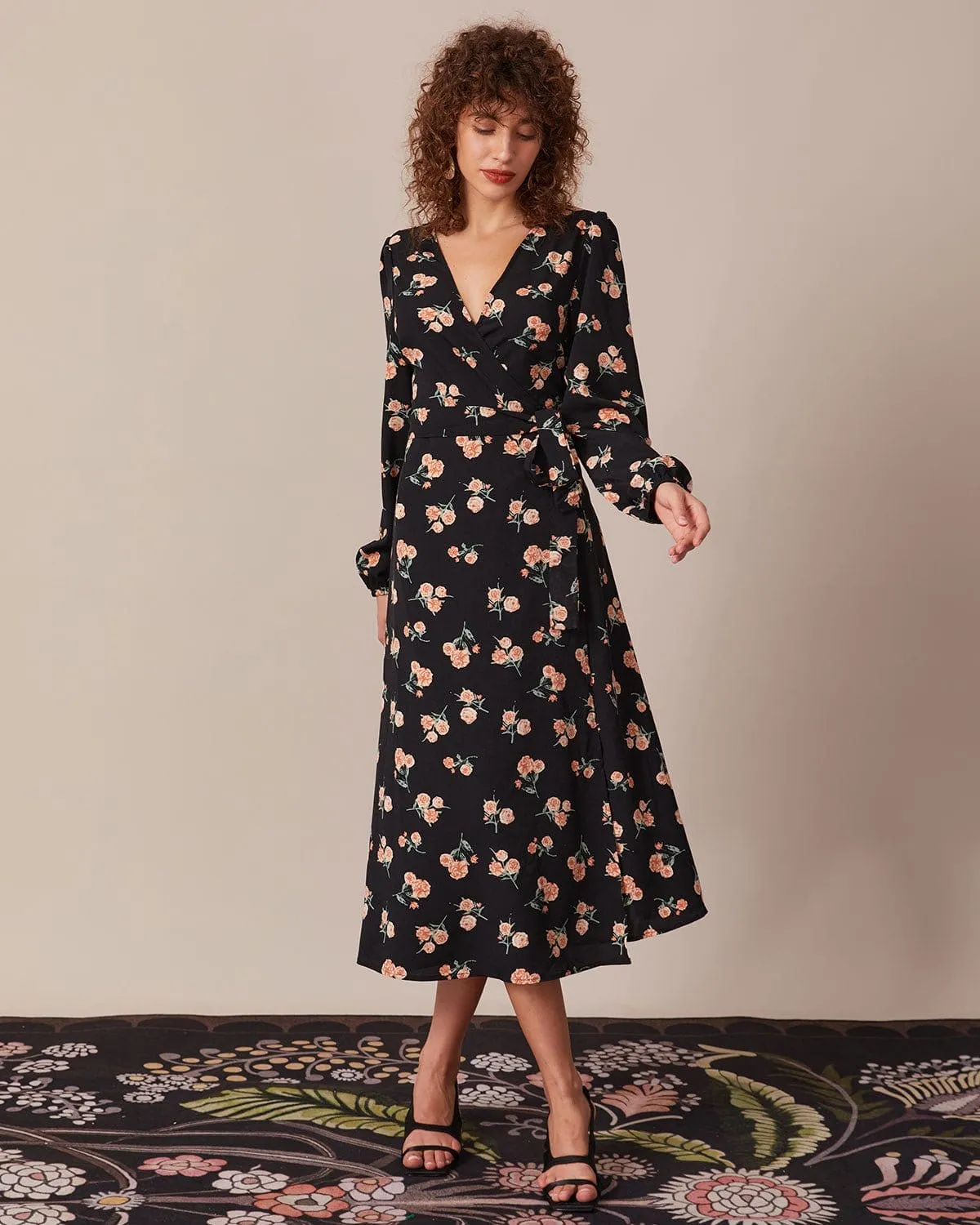 The Black V Neck Floral Wrap Midi Dress