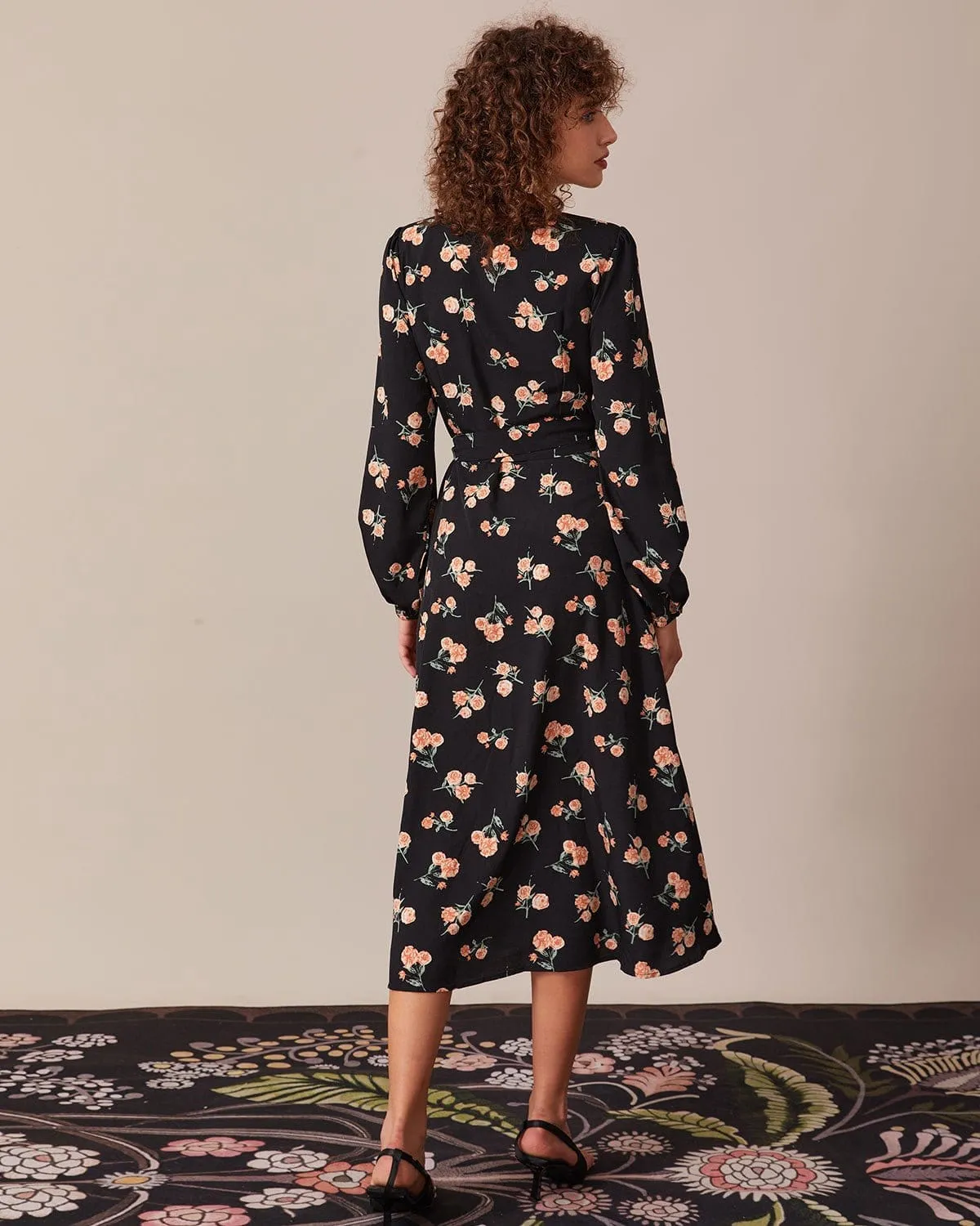 The Black V Neck Floral Wrap Midi Dress