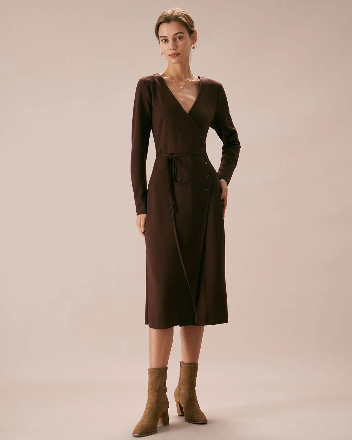 The Coffee V Neck Button Wrap Midi Dress