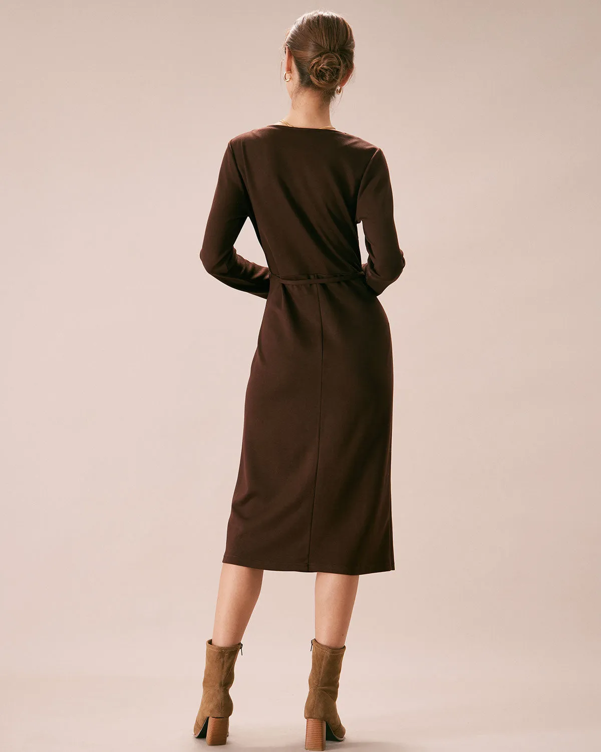 The Coffee V Neck Button Wrap Midi Dress