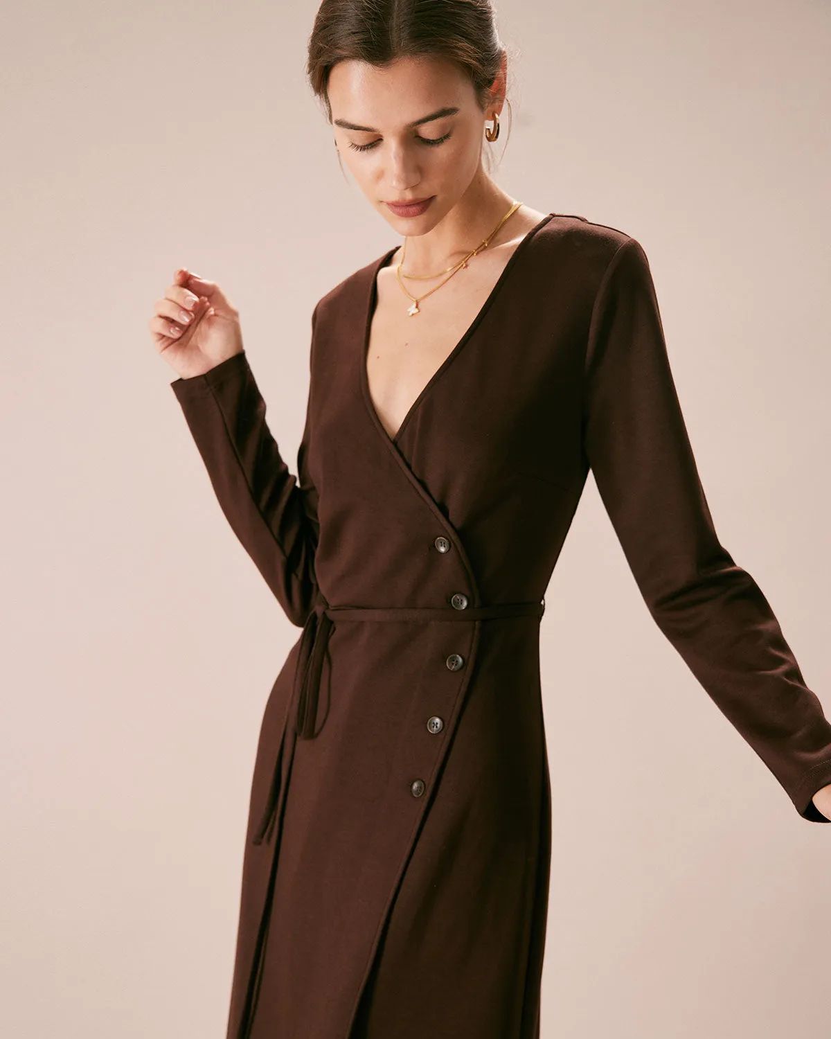 The Coffee V Neck Button Wrap Midi Dress