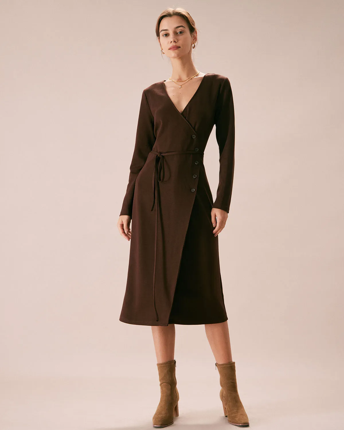 The Coffee V Neck Button Wrap Midi Dress