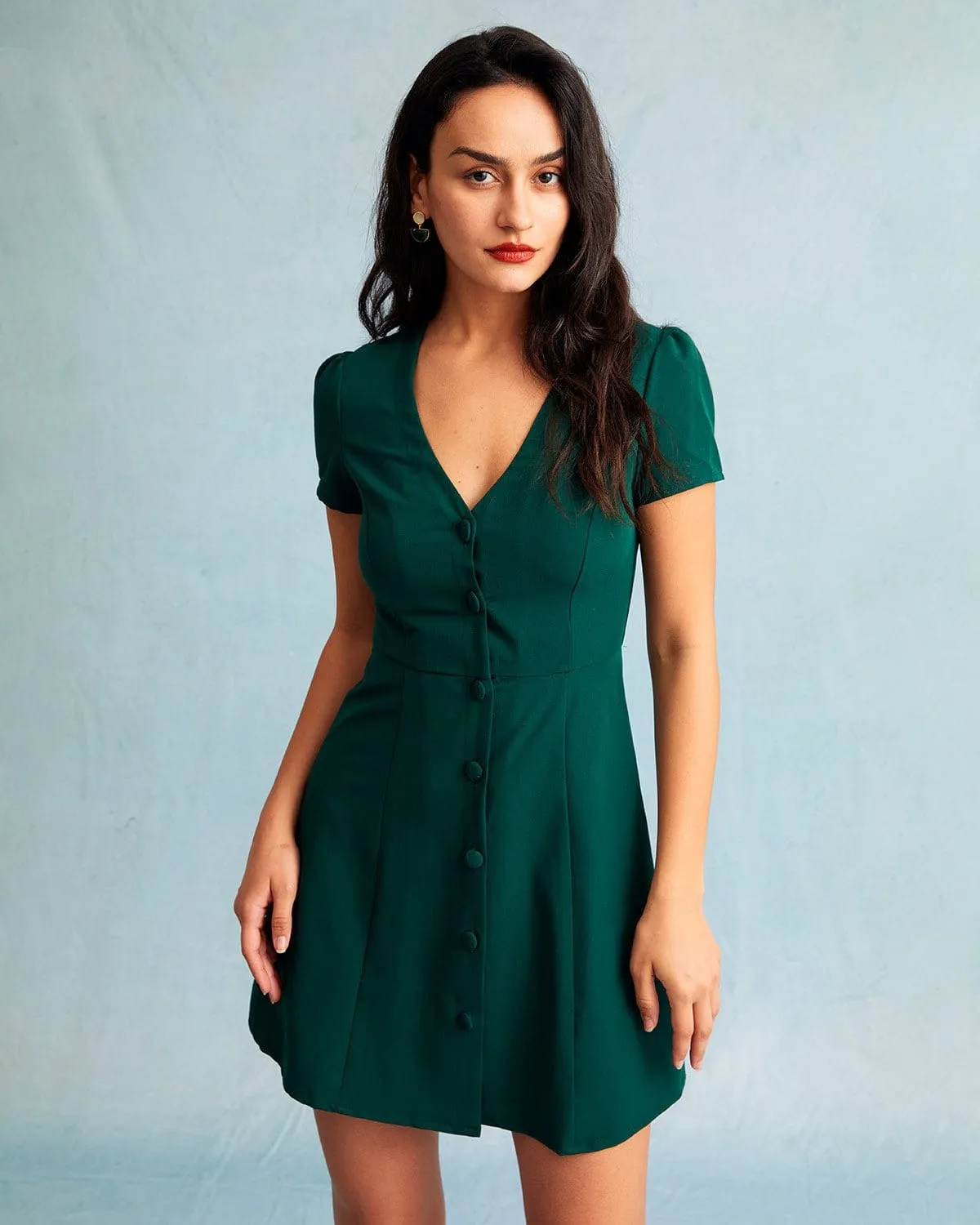 The Dark Green V Neck Button-up Shirt Mini Dress