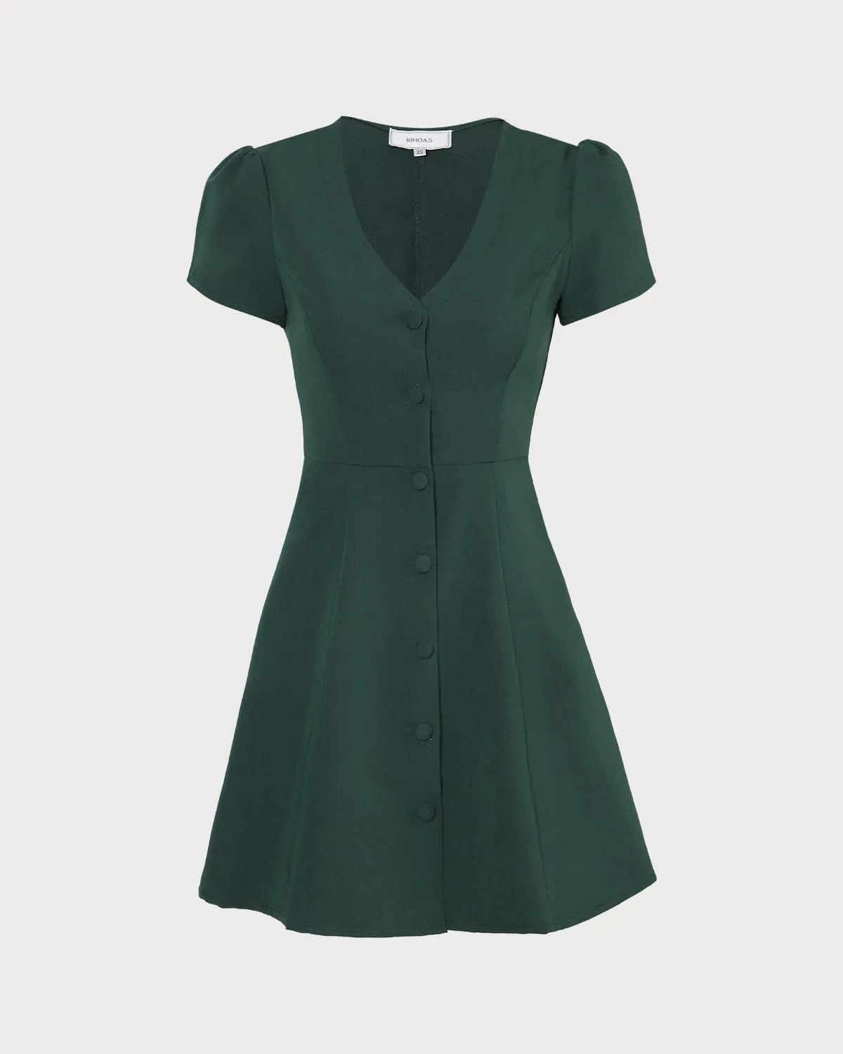 The Dark Green V Neck Button-up Shirt Mini Dress