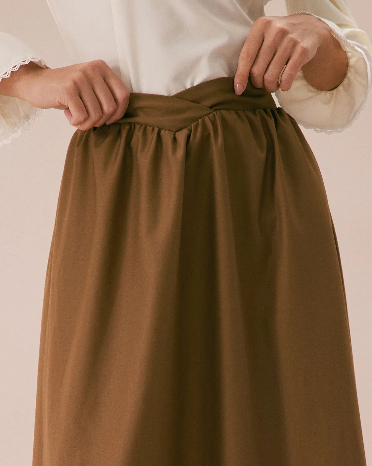 The Khaki High Waisted Pleated Midi Skirt