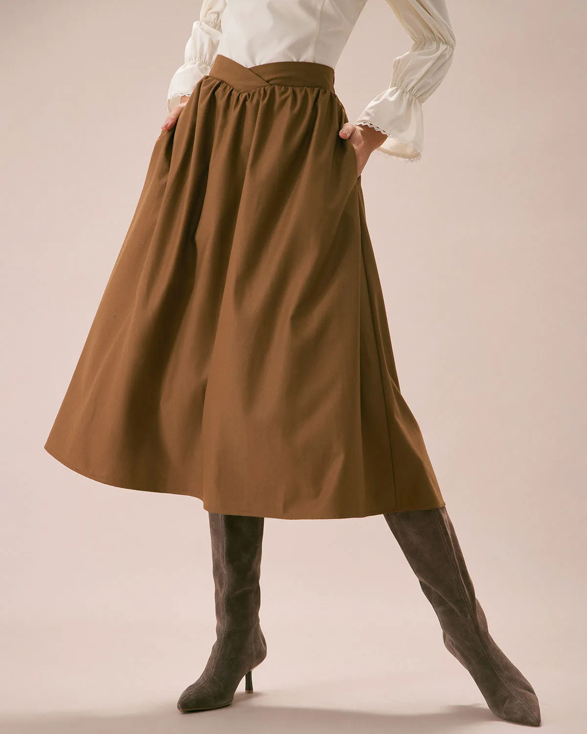 The Khaki High Waisted Pleated Midi Skirt